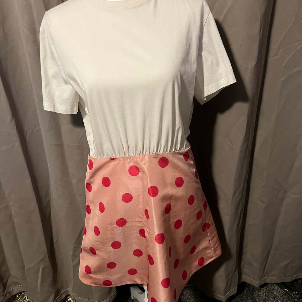 RED Valentino White T-Shirt Dress with Pink Polka Dot Silk Skirt
